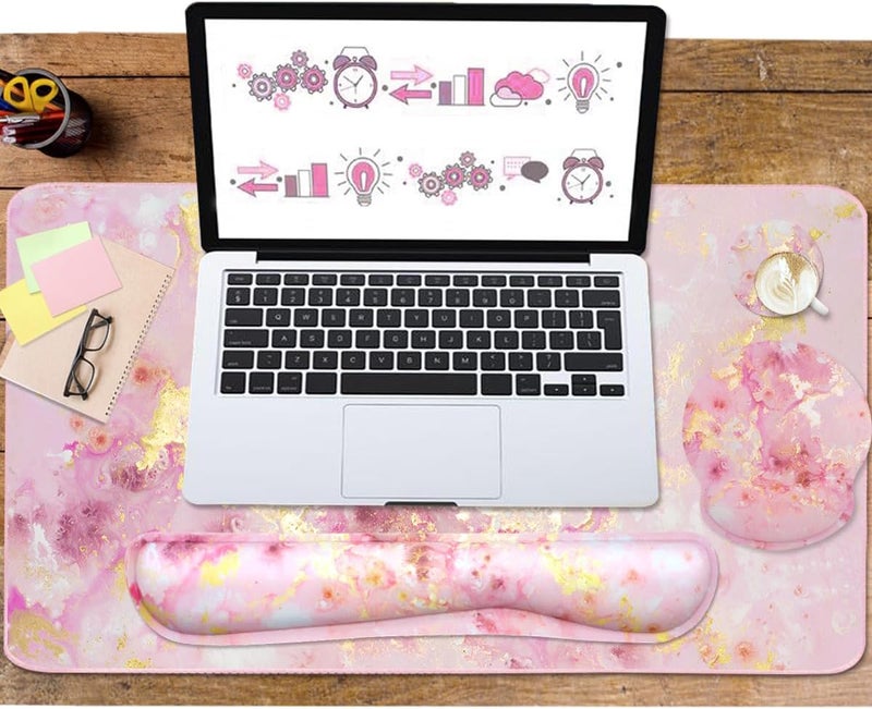 Yunoble 4-in-1 Gaming Mouse Pad Wrist Support Set，Desk Pad + Mouse Pad with Wrist Rest + Keyboard Wrist Rest + Coaster, Ergonomic Design for Home Office Study Game - Pink - Image 5